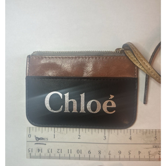 Chloe Auth Tan Black Zip Leather Coin Key Case 2 Slot Card Holder Wallet Zip H15 - Picture 3 of 9